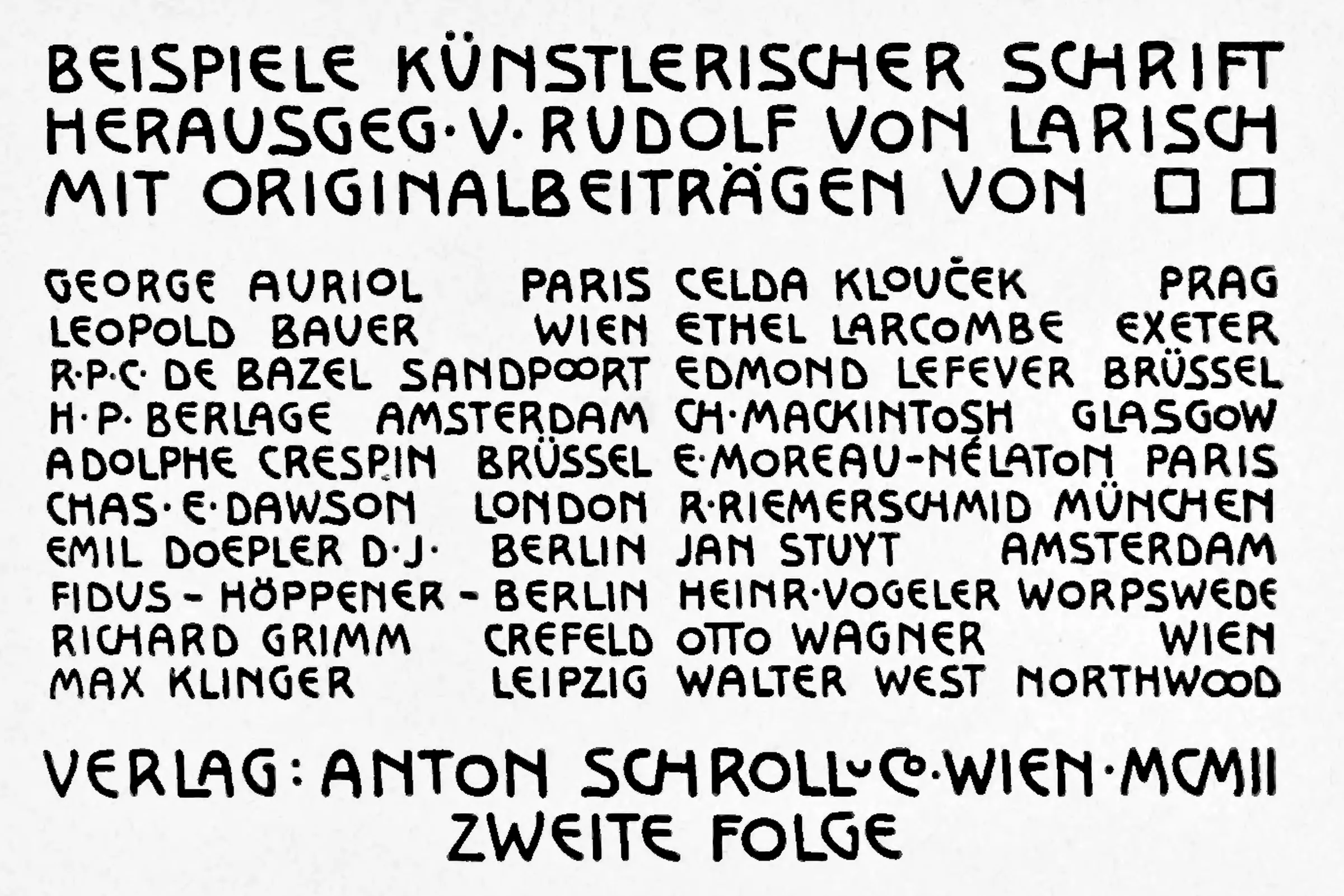 Table of contents from “Beispiele künstlerischer Schrift” [Examples of Artistic Typefaces], Rudolf von Larisch, Vienna, 1902